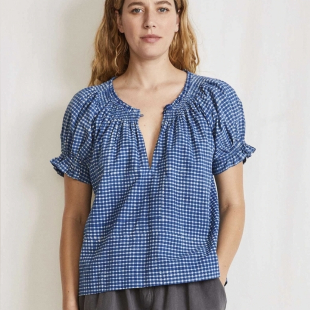 Apiece Apart Blue Gingham Smocked Neck Short Sleeve Blouse
